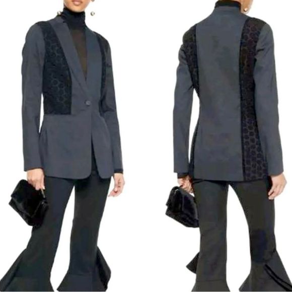 Elie Tahari Bonnie Blue Linen Blend Floral Crochet Lace Panel Blazer Size 8 - Picture 2 of 8